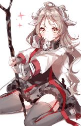 Rule 34 | 1girl, :&lt;, animal ears, arknights, black dress, blush, brown eyes, brown hair, closed mouth, curled horns, dress, eyjafjalla (arknights), fur-trimmed dress, fur trim, grey thighhighs, highres, holding, holding staff, horns, jacket, long hair, misumi (macaroni), open clothes, open jacket, respirator, sheep ears, sheep horns, sitting, solo, sparkle, staff, thighhighs, very long hair, wariza, white background, white jacket