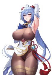 Rule 34 | 1girl, absurdres, ahoge, arm behind head, arm up, armpits, bell, black gloves, blue hair, blush, bodice, bodystocking, bodysuit, bodysuit under clothes, breast suppress, breasts, brown bodysuit, brown leotard, brown pantyhose, chinese knot, covered erect nipples, cowbell, detached collar, detached sleeves, ganyu (genshin impact), genshin impact, gloves, goat horns, hair between eyes, hand on own chest, hand up, highleg, highleg leotard, highres, horns, huge breasts, karmiel, leotard, lips, long hair, neck bell, pantyhose, parted lips, pelvic curtain, ponytail, presenting armpit, purple eyes, rope, shimenawa, sidelocks, simple background, smile, solo, tassel, thick thighs, thighs, very long hair, vision (genshin impact), white background