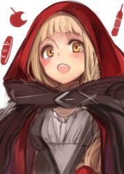 Rule 34 | 1girl, :d, apple, blonde hair, bread, cape, dress, food, fruit, hair between eyes, long hair, looking at viewer, open mouth, red cape, red dress, red riding hood (sinoalice), simple background, sinoalice, smile, solo, teroru, white background, yellow eyes