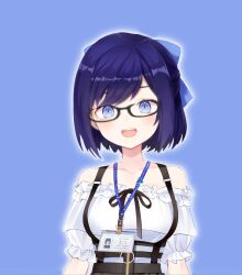 Rule 34 | 1girl, a-chan (hololive), alternate costume, ardenlolo, black-framed eyewear, black skirt, blue background, blue eyes, blue hair, cosplay, glasses, highres, hololive, id card, looking at viewer, open mouth, shirt, skirt, smile, solo, suspender skirt, suspenders, teeth, upper teeth only, virtual youtuber, watson amelia, watson amelia (cosplay), watson amelia (street casual), white shirt