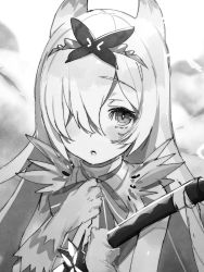 Rule 34 | 1girl, apocalypse witch, blush, gloves, greyscale, hair over one eye, hairband, hand up, highres, holding, holding sword, holding weapon, katana, long hair, looking at viewer, mika pikazo, monochrome, one eye covered, parted lips, solo, sword, upper body, weapon