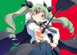 Rule 34 | 10s, 1girl, anchovy (girls und panzer), bad id, bad pixiv id, belt, black cape, black skirt, blush, brown eyes, cape, drill hair, girls und panzer, green hair, grin, hair ribbon, hand on own hip, italian flag, long hair, long sleeves, looking at viewer, necktie, pairan, pleated skirt, pointing, pointing at viewer, ribbon, riding crop, school uniform, shirt, skirt, smile, solo, teeth, twin drills, twintails, uniform, white shirt