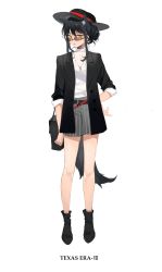 Rule 34 | 1girl, absurdres, alternate costume, animal ears, arknights, bare legs, belt, black footwear, black hair, black headwear, black jacket, commentary, ear piercing, extra ears, full body, grey shorts, hair bun, highres, jacket, jewelry, long hair, looking at viewer, looking over eyewear, looking over glasses, meng ziya, necklace, parted lips, piercing, shirt, shorts, simple background, single hair bun, sleeves rolled up, solo, sunglasses, tail, texas (arknights), tinted eyewear, white background, white shirt, wolf ears, wolf tail, yellow eyes