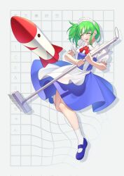 Rule 34 | 1girl, apron, blue dress, blue footwear, character name, closed eyes, copyright name, corrupted twitter file, dress, frilled sleeves, frills, full body, green hair, guumin, highres, holding, holding mop, maid, maid apron, maid headdress, mimi-chan, mop, open mouth, phantasmagoria of dim.dream, puffy short sleeves, puffy sleeves, ruukoto, shoes, short hair, short sleeves, smile, socks, solo, touhou, touhou (pc-98), white apron, white socks