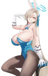 Rule 34 | 1girl, absurdres, animal ears, asuna (blue archive), asuna (bunny) (blue archive), bare shoulders, blue archive, blue eyes, blue halo, blue leotard, blue ribbon, blush, breasts, brown pantyhose, cleavage, detached collar, elbow gloves, fake animal ears, fake tail, gloves, grin, hair over one eye, hair ribbon, halo, highleg, highleg leotard, highres, huge breasts, kasumi saika, leotard, light brown hair, long hair, looking at viewer, mole, official alternate costume, pantyhose, playboy bunny, rabbit ears, rabbit tail, ribbon, sideboob, smile, solo, stool, strapless, strapless leotard, tail, teeth, thighs, very long hair, white gloves