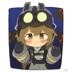 Rule 34 | 1girl, animal ears, arknights, backpack, bag, black gloves, blush, brown eyes, brown hair, collared vest, commentary request, ears through headwear, eyewear on head, framed, gloves, grabbing, hair between eyes, helmet, highres, long sleeves, looking at viewer, night, night sky, official alternate costume, open mouth, outside border, red eyes, retxoxt, shaw (arknights), short hair, signature, sky, solo, squirrel, squirrel ears, squirrel tail, tail, upper body, vest, white background