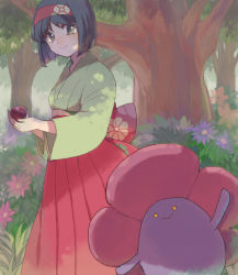 Rule 34 | 1girl, :&gt;, black hair, breasts, bush, closed mouth, creatures (company), erika (pokemon), feet out of frame, flower, forest, game freak, gen 1 pokemon, grass, green kimono, grey eyes, gym leader, hairband, hakama, hakama skirt, holding, holding poke ball, japanese clothes, kimono, light smile, long sleeves, looking at viewer, nature, nintendo, obi, outdoors, plant, poke ball, poke ball (basic), pokemon, pokemon (creature), pokemon lgpe, red hairband, red hakama, sash, shade, short hair, skirt, small breasts, standing, tree, tree shade, vileplume, wide sleeves, yellow eyes, yui ko