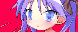 Rule 34 | 00s, 1girl, blue eyes, blush, close-up, expressionless, eyelashes, hiiragi kagami, kurosu tsugutoshi, long hair, looking at viewer, lucky star, open mouth, pink background, purple hair, red background, simple background, solo, tsurime, twintails, upper body