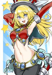 Rule 34 | 1girl, armpits, arms up, asymmetrical sleeves, black pants, blonde hair, blue eyes, cowboy shot, crop top, detached sleeves, duel monster, hat, highres, long hair, looking at viewer, midriff, navel, pants, pendulum witch, red shirt, ribbon, shirt, smile, solo, star (symbol), synchroman, top hat, yu-gi-oh!