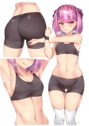 Rule 34 | 1girl, alternate costume, armpits, ass, bike shorts, black bra, black shorts, bra, breasts, collarbone, fate/grand order, fate (series), helena blavatsky (fate), highres, kuavera, licking lips, midriff, multiple views, navel, pantylines, purple eyes, purple hair, short hair, shorts, simple background, small breasts, sports bra, sweat, thigh gap, thighhighs, tongue, tongue out, underwear, white background, white thighhighs