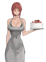 1girl apologizing braid braided_ponytail breasts cake chainsaw_man cleavage dessert dress food large_breasts makima_(chainsaw_man) navel_visible_through_clothes red_hair ringed_eyes simple_background tefi_blum unusual_pupils white_background wide_hips yellow_eyes