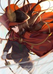 Rule 34 | 1girl, black hair, cape, crest, family crest, fate/grand order, fate (series), from above, gloves, hat, highres, japanese clothes, koha-ace, lanzi (415460661), long hair, long sleeves, military, military uniform, oda nobunaga (fate), oda nobunaga (koha-ace), orange eyes, sword, uniform, weapon, white gloves, wind