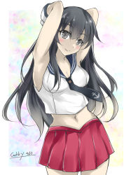 Rule 34 | 1girl, agano (kancolle), anchor symbol, black hair, black necktie, black sailor collar, commentary request, cowboy shot, gakky, gloves, grey eyes, kantai collection, long hair, looking at viewer, midriff, navel, necktie, one-hour drawing challenge, pleated skirt, red skirt, sailor collar, school uniform, serafuku, skirt, solo