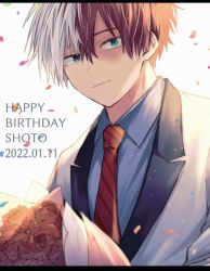 Rule 34 | blue eyes, boku no hero academia, bouquet, burn scar, character name, collared shirt, confetti, dated, english text, flower, hair between eyes, happy birthday, heterochromia, highres, jacket, light smile, long bangs, looking at viewer, male focus, multicolored hair, necktie, red hair, rio 18, scar, scar on face, shirt, short hair, smile, split-color hair, suit jacket, todoroki shouto, two-tone hair, white background, white hair