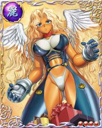 Rule 34 | 1girl, angel, angel wings, bare shoulders, bastard!!, blonde hair, blue eyes, breasts, card (medium), detached collar, covered erect nipples, feathers, gift, gloves, groin, large breasts, legs, long hair, looking at viewer, michael (bastard!!), mobage, navel, serious, simple background, solo, standing, thighs, wavy hair, wings