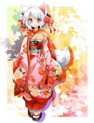 Rule 34 | 10s, 1girl, 2014, alternate costume, animal ears, anzu ame, blush, breasts, character name, flower, hair flower, hair ornament, highres, inubashiri momiji, japanese clothes, kikumon, kimono, obi, open mouth, red eyes, sandals, sash, short hair, small breasts, smile, solo, tabi, tail, touhou, white hair, wolf ears, wolf tail