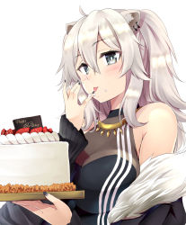 Rule 34 | 1girl, ahoge, animal ear fluff, animal ears, bare shoulders, black jacket, black nails, black shirt, cake, cleavage, ear piercing, food, food on face, food on hand, fruit, fur-trimmed jacket, fur trim, grey eyes, hair between eyes, hands up, highres, holding, hololive, jacket, licking, licking finger, lion ears, long hair, long sleeves, looking away, makishima rin, nail polish, off shoulder, piercing, see-through, see-through cleavage, shirt, shishiro botan, shishiro botan (1st costume), silver hair, simple background, sleeveless, sleeveless shirt, sleeves past wrists, solo, strawberry, tongue, tongue out, virtual youtuber, white background