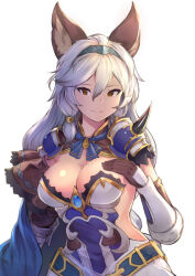 Rule 34 | 1girl, animal ears, breasts, brown eyes, cleavage, elbow gloves, gloves, granblue fantasy, grey hair, hair between eyes, hairband, hand on own chest, heles, large breasts, long hair, looking at viewer, simple background, smile, solo, upper body, white background, yamabuki7979