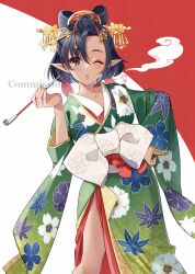 Rule 34 | 1girl, black eyes, black hair, bow, bow-shaped hair, collarbone, commission, copyright request, dark-skinned female, dark skin, floral print, green kimono, hair between eyes, hair bun, hair ornament, hair stick, hand on own hip, highres, holding, holding smoking pipe, japanese clothes, kimono, kiseru, long sleeves, looking at viewer, nekozuki yuki, obi, one eye closed, parted bangs, parted lips, pointy ears, print kimono, red background, sash, skeb commission, smoke, smoking pipe, solo, thick eyebrows, two-tone background, watermark, white background, white bow, wide sleeves