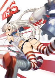 Rule 34 | 10s, 1girl, anchor, ass, bad id, black panties, blonde hair, blush, cameltoe, elbow gloves, gloves, hair ornament, hairband, highres, kantai collection, lifebuoy, long hair, looking at viewer, open mouth, panties, pantyshot, personification, rensouhou-chan, satori0121, shimakaze (kancolle), skirt, solo, striped clothes, striped thighhighs, swim ring, thighhighs, thong, underwear, upskirt, white gloves