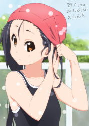 Rule 34 | 1girl, 2011, adjusting hair, alternate hairstyle, black hair, brown eyes, dated, day, errant, k-on!, long hair, nakano azusa, solo, swim cap, swimsuit, twintails, upper body