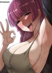 Rule 34 | 1girl, arm up, armpits, artist request, blush, breasts, cleavage, highres, hiroi kikuri, large breasts, looking at viewer, ok sign, open mouth, presenting, purple eyes, purple hair, saliva, sharp teeth, sideboob, smile, solo, sweat, sweatdrop, tank top, teeth, tongue, tongue out