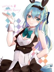 Rule 34 | 1girl, alice gear aegis, animal ears, blue bow, blue eyes, blue hair, blue ribbon, bow, bowtie, character name, closed mouth, detached collar, fake animal ears, hand on own hip, highres, kakerayuri, leotard, looking at viewer, ochanomizu mirie, pantyhose, playboy bunny, rabbit ears, ribbon, smile, solo