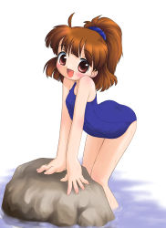 Rule 34 | 1girl, arle nadja, bent over, blue one-piece swimsuit, blush, child, flat chest, looking at viewer, madou monogatari, one-piece swimsuit, open mouth, ponytail, puyopuyo, red eyes, rock, school swimsuit, short hair, simple background, solo, standing, swimsuit, water, white background
