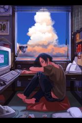 Rule 34 | 1girl, androgynous, barefoot, black hair, blue eyes, calendar (object), cellphone, cloud, commentary, computer, crt, day, denim, desk lamp, fax machine, flip phone, floppy disk, full body, futon, game console, hand fan, head rest, highres, indoors, jeans, kaneni, key, keyboard (computer), knee up, lamp, letterboxed, looking at viewer, mouse (computer), original, pants, phone, ruler, scissors, short hair, sitting, sky, smile, solo, super famicom, super famicom gamepad, tissue box, window, windows 95