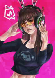 Rule 34 | 1girl, absurdres, brown eyes, brown hair, cameo, casual, commentary, crop top, d.va (overwatch), eyelashes, facial mark, headphones, headset, highres, lips, listening to music, long hair, lucio (overwatch), monori rogue, nail polish, overwatch, overwatch 1, pink background, pink nails, solo, sunglasses, whisker markings