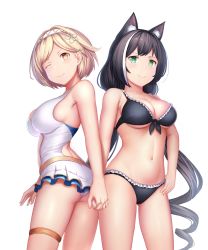 Rule 34 | 2girls, ;), ass, bare arms, bare shoulders, bikini, black bikini, black hair, blonde hair, breasts, brown eyes, cementite, cleavage, closed mouth, cowboy shot, djeeta (granblue fantasy), front-tie bikini top, front-tie top, granblue fantasy, green eyes, highres, holding hands, karyl (princess connect!), large breasts, long hair, looking at viewer, multicolored hair, multiple girls, navel, one-piece swimsuit, one eye closed, princess connect!, short hair, smile, streaked hair, swimsuit, swimsuit skirt, thighlet, very long hair, white hair, white one-piece swimsuit