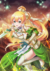 Rule 34 | 1girl, :d, blonde hair, boots, braid, breasts, cleavage, commentary request, dress, elbow gloves, floating hair, gloves, green dress, green eyes, hair between eyes, hair ornament, hands up, high ponytail, holding, holding sword, holding weapon, large breasts, leafa, leafa (terraria), leg up, long hair, looking at viewer, myudon18, open mouth, outdoors, pointy ears, ponytail, single bare shoulder, smile, solo, sparkle, sword, sword art online, teeth, thigh boots, thighhighs, thighs, twin braids, upper teeth only, very long hair, weapon, white footwear, white thighhighs