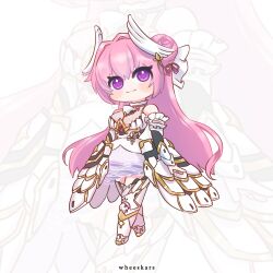 Rule 34 | 1girl, armor, armored boots, armored dress, artist name, bare shoulders, blush stickers, boots, bracer, chibi, closed mouth, dorothy (nikke), dress, full body, goddess of victory: nikke, hair bun, hair intakes, headgear, highres, long hair, mechanical wings, pink hair, purple eyes, see-through, smile, solo, wheeskars, white dress, wings, zoom layer
