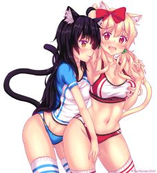 Rule 34 | 2girls, ahoge, animal ear fluff, animal ears, arm up, armpits, betsy, black hair, blonde hair, blue panties, blush, bow, breasts, brown eyes, cat ears, cat girl, cat tail, cleavage, clothes writing, cowboy shot, english text, female focus, grabbing, grabbing another&#039;s breast, groin, hair bobbles, hair bow, hair ornament, highres, large breasts, licking, licking armpit, long hair, medium breasts, multiple girls, naala, navel, no pants, nottytiffy, original, panties, red panties, shiny skin, simple background, sports bikini, sports bra, striped clothes, striped legwear, striped thighhighs, tail, thighhighs, tongue, tongue out, track uniform, twintails, twitter username, underwear, white background, yellow eyes, yuri