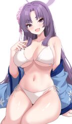 Rule 34 | 1girl, absurdres, bikini, blue archive, blue nails, blush, breasts, cleavage, collarbone, commentary, english commentary, fang, feet out of frame, fingernails, flower, hair flower, hair ornament, halo, haori, hayana neru, highres, japanese clothes, large breasts, long hair, looking at viewer, nail polish, navel, open mouth, pink flower, purple eyes, purple hair, purple halo, side-tie bikini bottom, simple background, skin fang, smile, solo, swimsuit, white background, white bikini, yukari (blue archive)