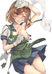 Rule 34 | 1girl, apron, blue sailor collar, blue skirt, blush, breasts, brown eyes, collarbone, gloves, green apron, hair between eyes, highres, kantai collection, kokuzou, large breasts, light brown hair, oboro (kancolle), one eye closed, pleated skirt, sailor collar, school uniform, serafuku, short hair, short sleeves, simple background, skirt, solo, torn clothes, white background, white gloves