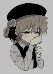 Rule 34 | 1girl, beret, black hat, black ribbon, blood, blush, brown eyes, clenched hands, clip studio paint (medium), collared shirt, commentary request, cropped torso, expressionless, flower, grey background, grey flower, grey shirt, hair flower, hair ornament, hair ribbon, half-closed eyes, hands up, hat, hatoba tsugu, light brown hair, long sleeves, looking down, medium hair, neck ribbon, nosebleed, ribbon, shirt, simple background, solo, suspenders, tonmoh, tsugu (vtuber), virtual youtuber, wiping blood