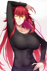 Rule 34 | 1girl, ahoge, arm up, aviator sunglasses, black shirt, breasts, collarbone, covered navel, earrings, jewelry, large breasts, long hair, long sleeves, looking at viewer, okitakung, one eye closed, original, red eyes, red hair, shirt, smile, solo, sunglasses, tinted eyewear, yellow-tinted eyewear, yellow-tinted glasses