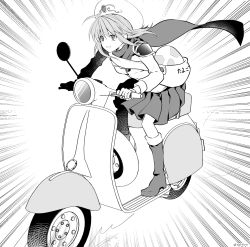 Rule 34 | 1girl, :d, armor, bag, boots, cape, egg, elona, emphasis lines, floating hair, full body, greyscale, hat, highres, knee boots, long hair, long sleeves, looking afar, miniskirt, monochrome, motor vehicle, open mouth, pauldrons, pleated skirt, protagonist (elona), riding, sagara yuu, scarf, shoulder armor, shoulder bag, simple background, skirt, smile, solo
