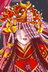 Rule 34 | 1girl, antaria, bride, character request, chinese clothes, eyelashes, gem, jewelry, lips, lots of jewelry, one eye covered, pearl (gemstone), pili budaixi, red eyes, solo