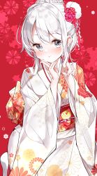 Rule 34 | :t, absurdres, blush, closed mouth, commentary request, floral background, floral print, flower, grey eyes, hair bun, hair flower, hair ornament, hamaken. (novelize), hand on own face, highres, index finger raised, japanese clothes, kimono, kneeling, long sleeves, looking at viewer, obi, original, pink flower, print kimono, red background, sash, sidelocks, silver hair, single hair bun, smile, white kimono, wide sleeves, yukata