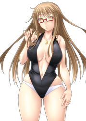 Rule 34 | 10s, 1girl, ayato, breasts, brown hair, center opening, cleavage, crescent, covered erect nipples, female focus, glasses, highres, jewelry, kantai collection, large breasts, long hair, looking at viewer, mochizuki (kancolle), necklace, aged up, playing with own hair, solo, swimsuit, yellow eyes