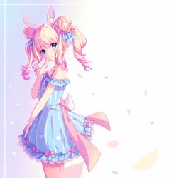 Rule 34 | 1girl, animal ears, artist name, bare shoulders, blonde hair, blue bow, blue dress, blue eyes, blunt bangs, blush, borrowed character, bow, commission, dress, drill hair, finger to face, from side, gradient background, hair bow, head tilt, heart, heart print, hyanna-natsu, looking at viewer, multicolored hair, original, petals, pink bow, pink hair, rabbit ears, rabbit girl, rabbit tail, short hair, simple background, smile, solo, standing, striped clothes, striped dress, tail, two-tone hair, vertical-striped clothes, vertical-striped dress, white background