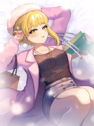 Rule 34 | 1girl, bad id, bad pixiv id, bag, beret, black shirt, blonde hair, blush, coat, collarbone, commentary request, earrings, eyelashes, green eyes, grey skirt, handbag, hat, heart, heart necklace, highres, idolmaster, idolmaster cinderella girls, jewelry, light smile, looking at viewer, lying, miyamoto frederica, necklace, on back, on ground, open clothes, open coat, pink coat, pink hat, qi&#039;e (penguin), ribbed shirt, shirt, shopping bag, short hair, skirt, snow, snowflake necklace, solo