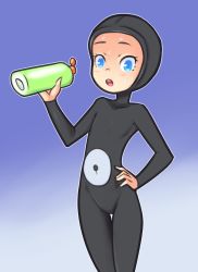 Rule 34 | 1girl, black bodysuit, blue background, blue eyes, blush, bodysuit, bottle, cosplay, creatures (company), drantyno, flat chest, game freak, gen 2 pokemon, hand on own hip, highres, holding, looking at viewer, nintendo, open mouth, pokemon, standing, sweat, teeth, unown, unown (cosplay), water bottle