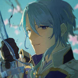 Rule 34 | 1boy, armor, black gloves, blue eyes, blue hair, blurry, blurry background, branch, cherry blossoms, genshin impact, gloves, hair between eyes, highres, holding, holding sword, holding weapon, japanese armor, japanese clothes, kamisato ayato, liquid weapon, looking at viewer, male focus, mole, mole under mouth, omegu, parted lips, portrait, signature, solo, sword, water, weapon