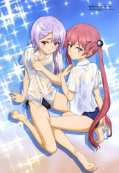 Rule 34 | 2girls, absurdres, ass, back, bikini, blush, braid, hair ornament, hairclip, highres, kaniko (rail romanesque), looking at viewer, looking back, magazine scan, megami magazine, multiple girls, nako (rail romanesque), official art, one-piece swimsuit, purple hair, rail romanesque, red hair, scan, see-through, see-through shirt, shirt, side-tie bikini bottom, swimsuit, thighs, twintails, wet, wet clothes, wet shirt