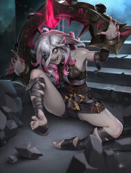 Rule 34 | 1girl, ahoge, artist name, belt, black belt, breasts, briar (league of legends), colored sclera, colored skin, detached sleeves, feet, fingernails, full body, gradient hair, grey eyes, grey hair, grey skin, hair between eyes, highres, knee up, league of legends, legs, long hair, medium breasts, mixed-language commentary, multicolored hair, multiple belts, on ground, open mouth, outdoors, pink hair, pointy ears, red sclera, rock, shadow, sharp fingernails, sharp teeth, sidelocks, signature, sirenlin, sitting, smile, soles, solo, spread legs, spread toes, stairs, stirrup legwear, teeth, toeless legwear, toenails, toes, two-tone hair, vampire, wrist cuffs