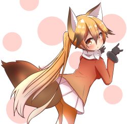 Rule 34 | 10s, 1girl, absurdres, alternate hairstyle, animal ears, black gloves, blonde hair, blush, bow, brown eyes, brown hair, brown shirt, commentary request, ezo red fox (kemono friends), fox ears, fox girl, fox shadow puppet, fox tail, fur-trimmed sleeves, fur trim, gloves, gradient hair, highres, idaten93, kemono friends, long hair, looking at viewer, looking back, multicolored hair, orange pantyhose, pantyhose, parted lips, pleated skirt, polka dot, polka dot background, ponytail, scarf, shirt, skirt, solo, tail, very long hair, white background, white bow, white scarf, white skirt