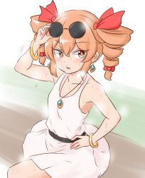 Rule 34 | 1girl, arm up, armpit peek, bare shoulders, breasts, dress, drill hair, hand on own hip, highres, mizusoba, orange eyes, orange hair, simple background, sitting, sleeveless, sleeveless dress, small breasts, solo, sweat, touhou, twin drills, white background, white dress, yorigami jo&#039;on
